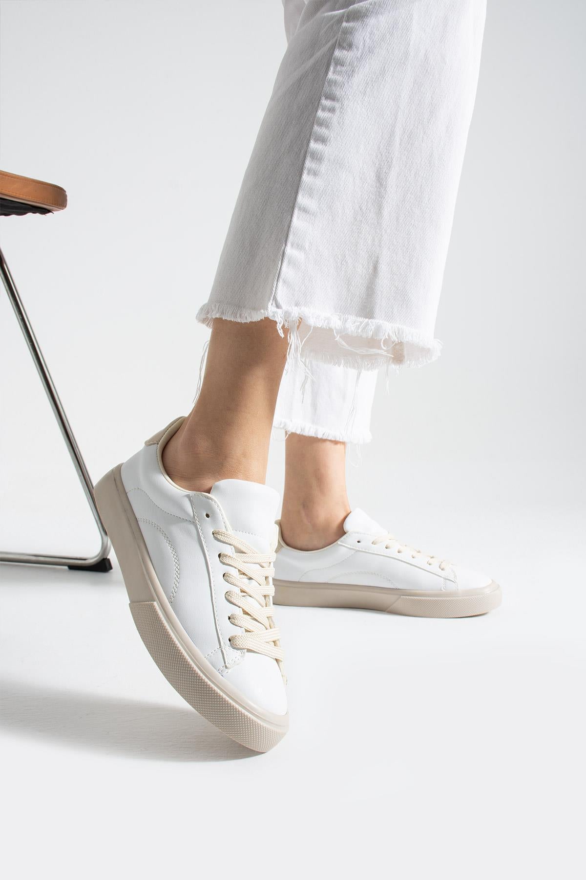 Lena Beyaz Suni Deri Kadın Sneaker