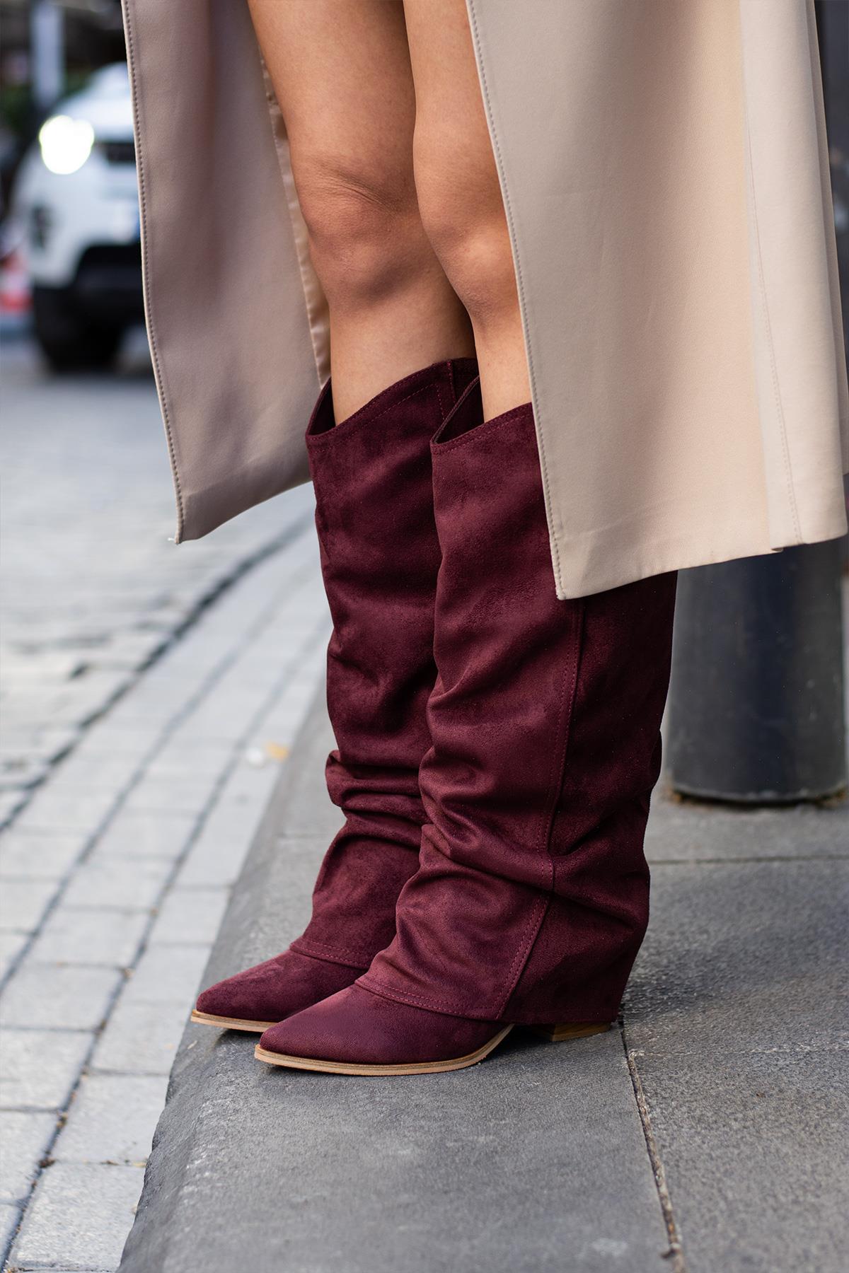 Despina Shoes Emily Nova Bordo Süet Dokulu Kadın Çizme – model üzerinde görünüm 1