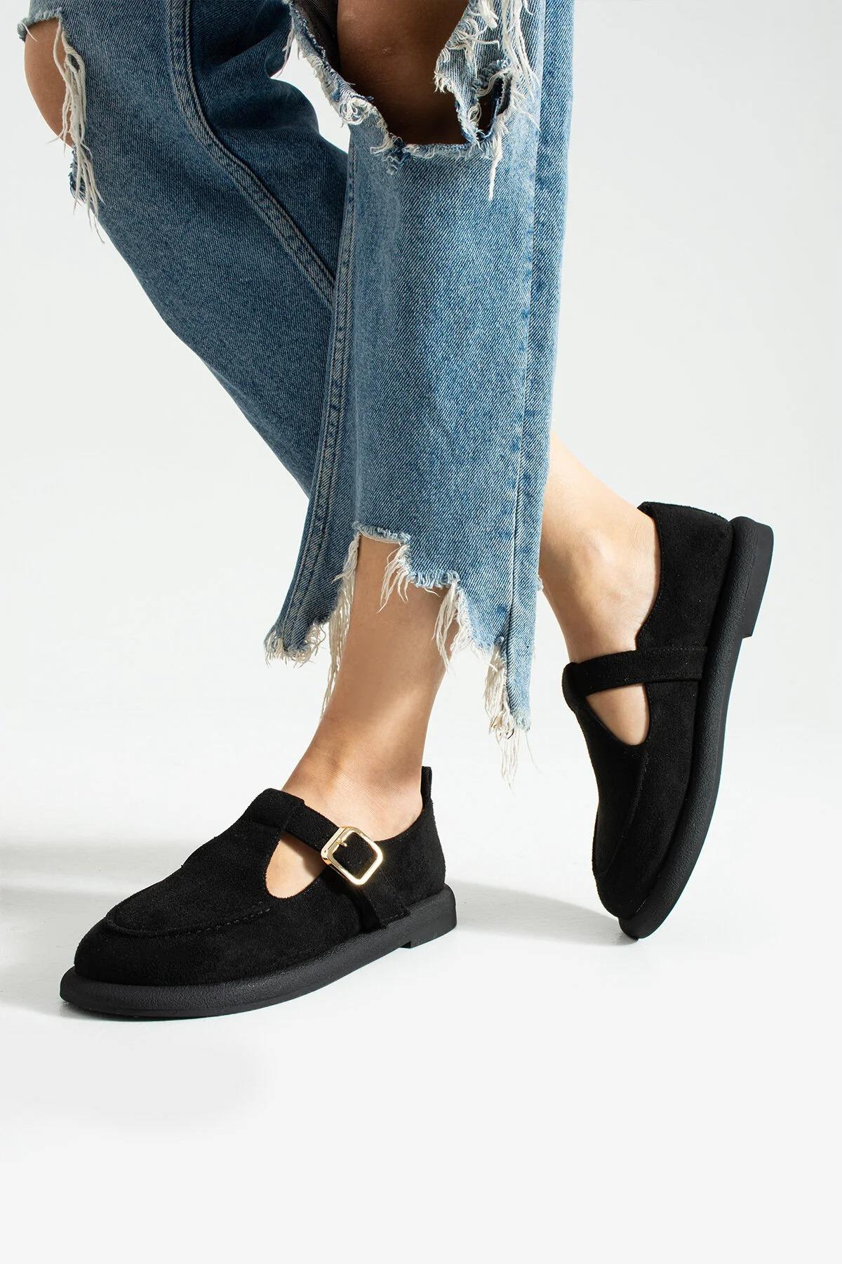Despina Shoes Olivia Siyah Süet Dokulu Kadın Loafer – model üzerinde görünüm 7