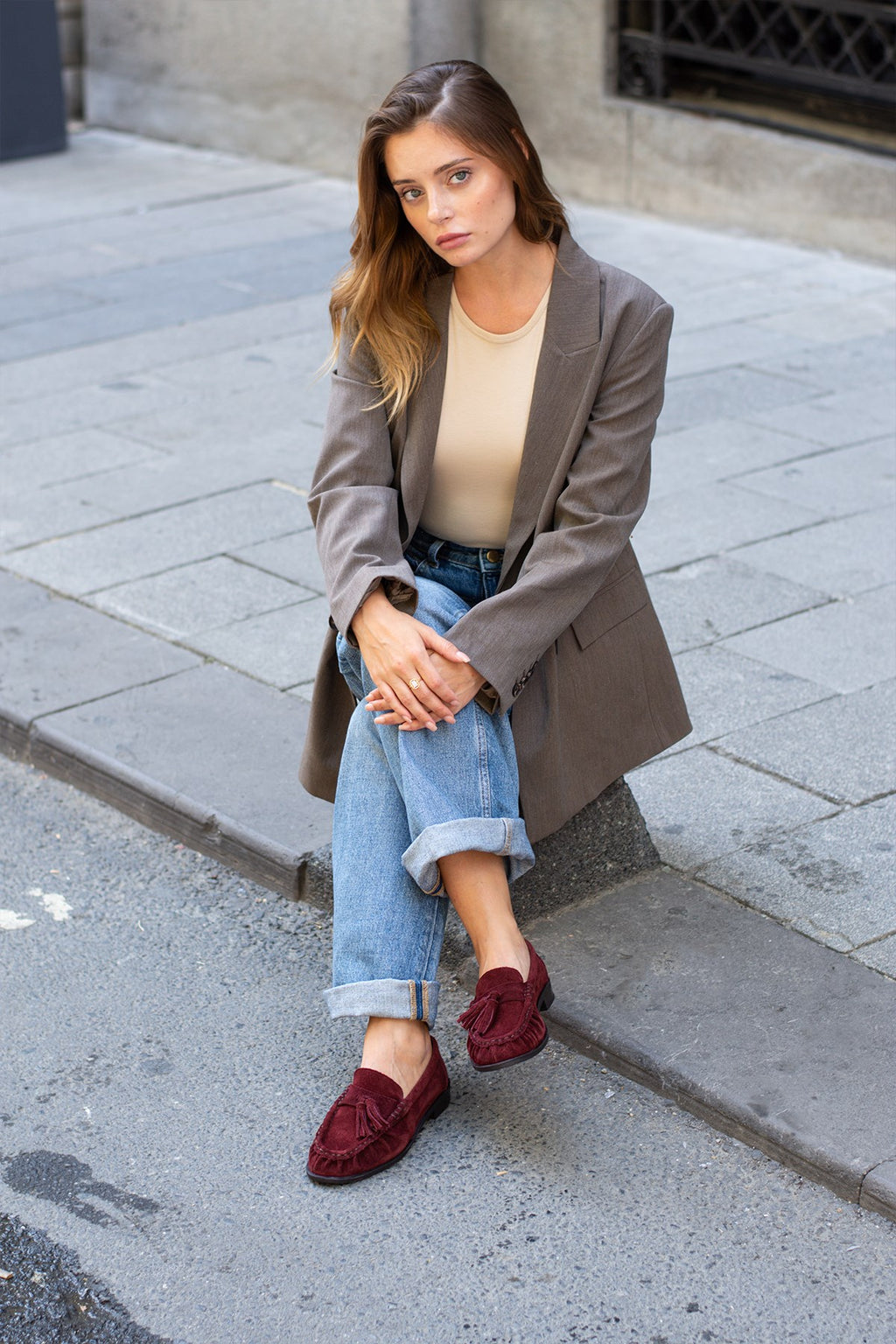 Despina Shoes Maren Bordo Hakiki Süet Kadın Loafer – model üzerinde görünüm 5